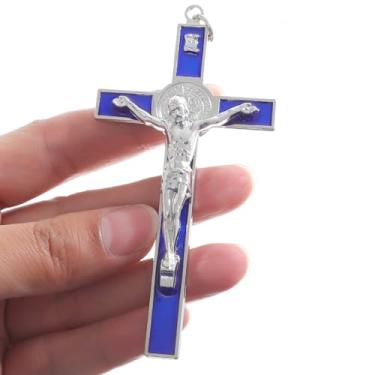 Imagem de KOMI Crucifixo de metal crucifixo pequeno azul esmaltado crucifixo de São Bento para decoração de casa 10 x 5 cm cruz de Jesus Cristo San Benito proteção presentes de fé católica