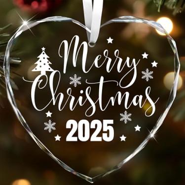 Imagem de SWITHOM Enfeite de Natal de cerâmica em forma de coração, branco, design do primeiro Natal casado 2025 com flocos de neve, lembrança decorativa para pendurar com fita, 8 cm