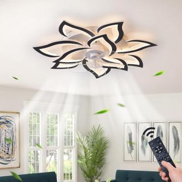 Imagem de Ventilador de teto com luz, perfil baixo, moderno, para uso interno, com luz LED regulável e controle remoto. Possui 3 temperaturas de cor e 6 velocidades de vento, ideal para quartos infant