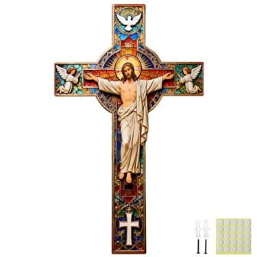 Imagem de Goodangie00 Decoração de parede de cruz de madeira - 35,5 cm vintage cristão abençoado crucifixo decoração de parede para igreja casa sala de estar, entrada, presente de canto de oração