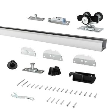 Imagem de SongYung Kit de ferragens de porta bifold de 61 cm para 2 portas, ferragens de porta de celeiro deslizantes de alumínio montadas na parte superior para banheiro, quarto, despensa, sala de estar