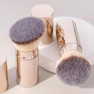 Imagem de 1 pincel retrátil em pó para uma base impecável, ferramenta portátil adequada para base solta creme e contorno em pó rosa dourado cabeça de escova angular plana.
