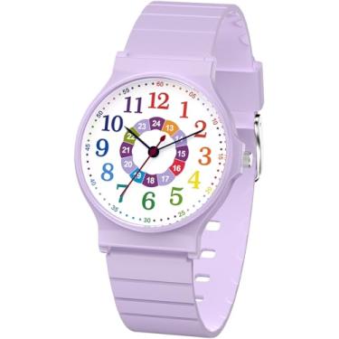 Imagem de SOCICO Relógio analógico infantil para meninos e meninas, camuflagem, à prova d'água, pulseira de borracha, fácil de ler para crianças e adolescentes de 5 a 15 anos, perfeito para presentes, Roxa