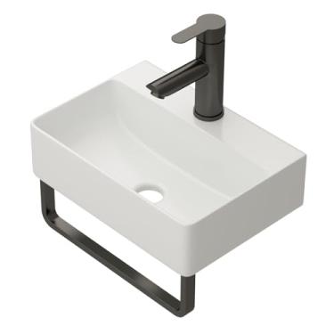 Imagem de Yurshen Pia de vaso de parede, pia de banheiro suspensa de porcelana retangular de 35,5 x 25,4 cm com toalheiro preto, pia pequena para economia de espaço