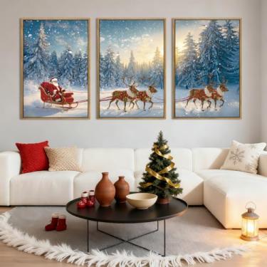 Imagem de Arte de parede de Natal emoldurada Papai Noel arte de parede Papai Noel arte de inverno para sala de estar quarto sala de jantar 30 x 40 centímetros conjunto de 3