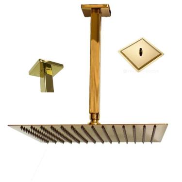 Imagem de Ducha Chuveiro Inox Slim Dourado Teto 20x20 Quadrado Suporte