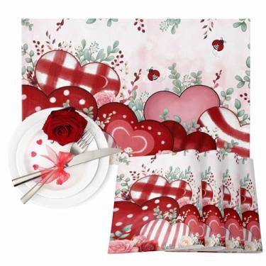 Imagem de Jogo americano para o dia dos namorados, conjunto de 6 tapetes rosa de amor, folhas de eucalipto, coração vermelho, para jantar, cozinha, férias, jantar, festa de casamento, aniversário, decoração dos