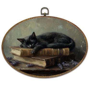 Imagem de kdqua Dark Academia Black Cat Book Oval Wall Art Decor, arte em tela gótica antiga, emoldurada, decoração de parede de gato bruxo gótico temperamental para sala de leitura de biblioteca doméstica, 28