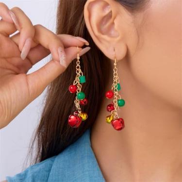 Imagem de Brincos pendentes de bola de sino de Natal com borla para mulheres, lindos sinos vermelhos e verdes, enfeite para festivais de Natal, brincos delicados para festas de fim de ano, Medium, Sem metal