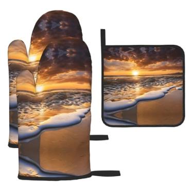 Imagem de Sunset Beach – Conjunto de cozinha essencial com 3 peças, luvas resistentes ao calor e alça de tampa, proteção para churrasco no forno, design de armazenamento suspenso.
