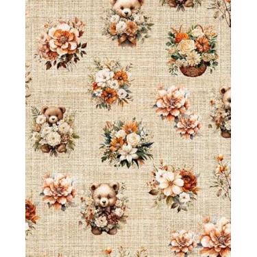 Imagem de Tecido Tricoline Digital com Ursos e Flores, Estampa Floral com Ursinhos, Bege com Laranja, 0,60 x 1,50 m