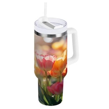 Imagem de Kigai Lindo copo de tulipa primavera de 850 g com tampa e canudo, copo isolado de aço inoxidável durável à prova de vazamento com alça, garrafas de água à prova de derramamento para viagens