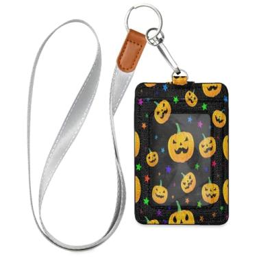 Imagem de Wassud Porta-crachá de couro PU Halloween Pumpkin Star com cordão, porta-cartão de identificação para trabalho, cordão de pescoço com compartimentos para cartões de crédito, funcionários, estudantes