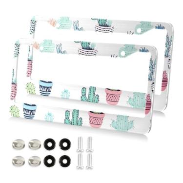 Imagem de Qilmy Molduras de placa de licença 2 pacotes, capas de placa de licença de planta em vaso de cacto de desenho animado, moldura universal de etiqueta de alumínio para etiquetas dianteiras e traseiras