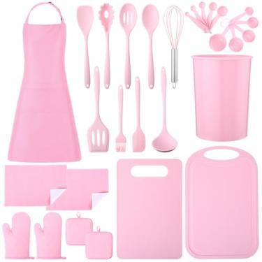 Imagem de Afarnook O conjunto de 29 acessórios de decoração de cozinha inclui 20 utensílios de cozinha de silicone, 2 panos de prato, 2 pegadores de panela, 2 luvas de forno, 2 tábuas de corte e aventais de