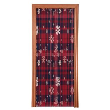 Imagem de Qilmy Floco de neve vermelho preto padrão de grade de búfalo decoração de porta 91,48 x 248,9 cm tecido grande decoração festa feriado placa para porta da frente varanda decoração externa janela