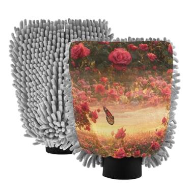 Imagem de STAYTOP Lindas luvas de lavagem de carro para jardim de rosas, 2 peças, luvas de microfibra de chenille, sem arranhões, panos de esponja de lavagem ultra absorventes para carros, limpeza doméstica - M