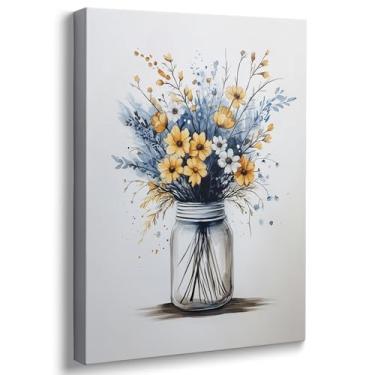 Imagem de Ypxzzj Arte de parede em tela de flor azul marinho, buquê floral amarelo e azul em frasco de pedreiro, pintura de flores estilo aquarela (40,6 cm x 61 cm)