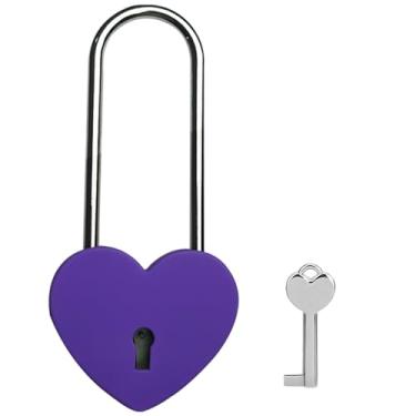 Imagem de VeYocilk Love Lock, cadeado afiado de coração roxo fosco de 8,89 cm 50 mm para ponte amor casamento aniversário presente de viagem (com chave)