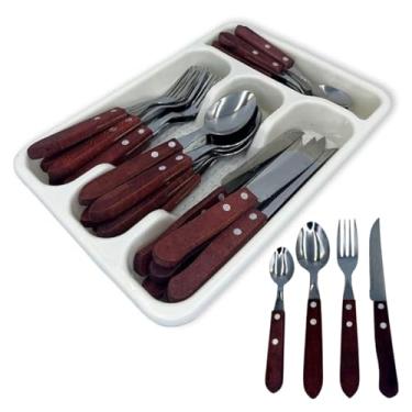 Imagem de Jogo de Talheres com Porta Talher, 25 Peças, Cabo de Madeira, Inox, com Divisória, 6 Facas 6 Garfos 6 Colheres Mesa 6 Colheres Sobremesa