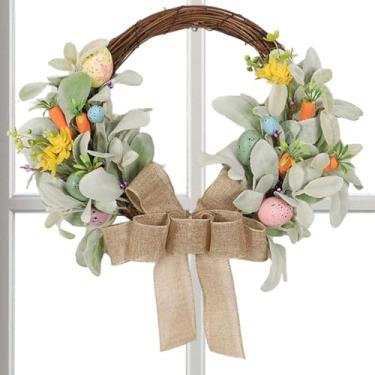 Imagem de Coroa De Páscoa Para Porta Da Frente - Placa de Parede de Feriado com Laço e Ovos de 40,1 cm,Grinalda Artificial | Para Páscoa Reunião Familiar Entrada Sala De Estar