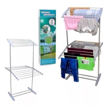 Imagem de Varal de Roupas 2 Níveis, Aço Inoxidável, Regulável em Altura, Dobrável, Portátil, 36x62x130 cm, Capacidade 40 kg, Base Antiderrapante