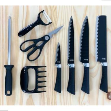 Imagem de Premium Kit Faqueiro 8 Peças, Aço Inoxidável, Cabo Texturizado, Design Moderno, com Estojo, Inclui Tesoura, Cutelo, Garra, Descascador, Facas Chef e Amolador