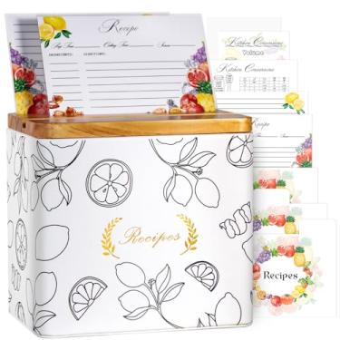 Imagem de Conjunto de cartões de receita e caixa com 100 cartões de receita e 20 divisórias, caixa de suporte de cartão de receita de madeira de casamento (branca)