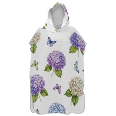 Imagem de Joisal Poncho de surf com flores de hortênsia roxo azul bege para adultos trocador com capuz toalha de praia impressão plus size ponchos de praia para homens