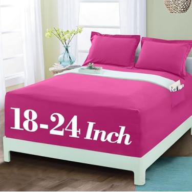 Imagem de Mocassi Lençol com elástico luxuoso 1800 premium de qualidade de hotel – Ultramacio, microfibra resistente a vincos, bolso extra profundo de 45 a 60 cm, lençol com elástico, solteiro, GG, rosa choque