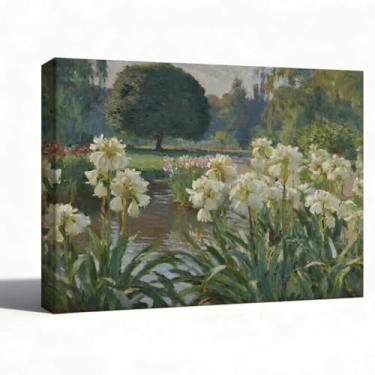Imagem de Arte de parede em tela de jardim, pintura a óleo íris branca por lagoa, paisagem impressionista, pronta para pendurar, exibição de mesa, decoração de casa para sala de estar, quarto, 20 x 25 cm