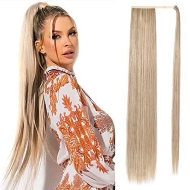 Imagem de Grampo de extensão de rabo de cavalo longo e reto ao redor de rabo de cavalo extensões de cabelo sintético macio natural para mulheres loiro de 89 cm com destaques dourados pálidos