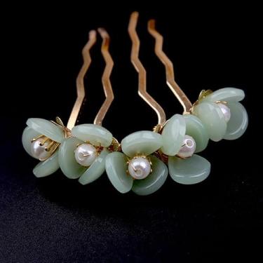 Imagem de 1 grampo de cabelo feito à mão com flor de jade para mulheres, bastão de cabelo elegante para mulheres, acessórios de estilo de cabelo inspirados em liga vintage, verde