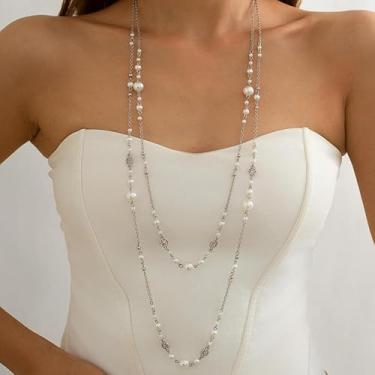 Imagem de Colar longo em camadas de pérolas, suéter, corrente boêmia, joia para mulheres, concerto, campo, amizade, presentes de Natal, Medium, Latão, Sem Pedra Preciosa