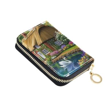Imagem de Carteira feminina com suporte para cartão de crédito com bloqueio de RFID, zíper ao redor de couro, carteira para dinheiro com bolso para moedas, cisnes brancas coloridas, flores florais
