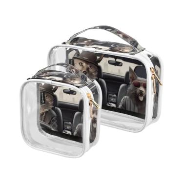 Imagem de GAIGEO Elefante com fogo olhando através do buraco em papel, conjunto de 2 sacos de cosméticos transparentes, bolsa de higiene para mulheres, aprovada pela Tsa, Dois cães lobo no banco do motorista