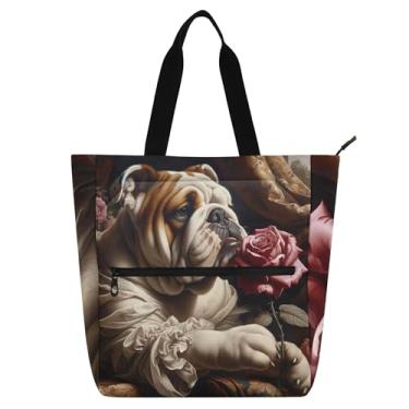 Imagem de GAIGEO Bolsa feminina engraçada Bulldog Rose Bolsa de trabalho de lona escolar bolsa de livro de presente de viagem para amantes de livros