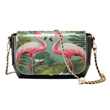 Imagem de GAIGEO Bolsa tiracolo feminina de couro rosa flamingo e folhas de palmeira, bolsa de ombro feminina, bolsas transversais médias para mulheres, Folhas de palmeira verde flamingos rosa tropical-1, One