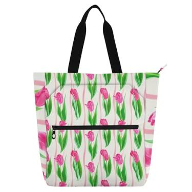 Imagem de GAIGEO Bolsas de trabalho femininas com flores de tulipa rosa, bolsa de lona com zíper, bolsa de praia, bolsas médias para amantes de livros