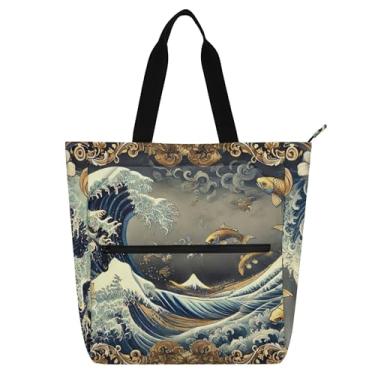 Imagem de GAIGEO Ocean Waves Gold Fish Book Tote Bag com zíper resistente à água escola trabalho viagem bolsa de lona para mulheres e crianças