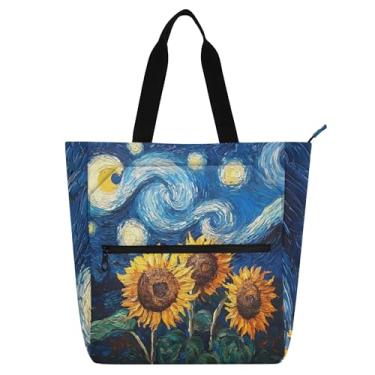 Imagem de Sunflowers Starry Night Painting Bolsas femininas para trabalho lona praia livro bolsa zíper bolsas médias amantes de livros presentes