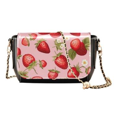 Imagem de Pink Donuts em uma bolsa tiracolo feminina preta com aba, bolsa de ombro de couro transversal, bolsa de couro para mulheres a tiracolo, Morangos maduros em rosa - 1, One Size