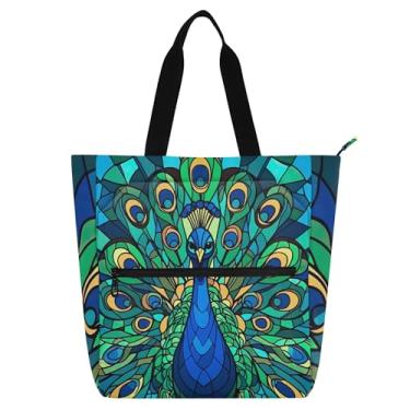 Imagem de Sacola vintage azul pavão floral livro para mulheres crianças com zíper, bolsa de ombro de lona média, trabalho, escola, professor, presente