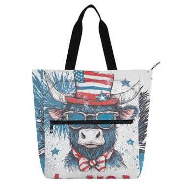 Imagem de Highland Cow American Print Tote Bag para mulheres crianças com zíper resistente à água escola trabalho bolsa de viagem