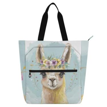 Imagem de GAIGEO Lindas bolsas de trabalho com flores de lhama para mulheres, bolsa de lona para livros de praia, com zíper, bolsas femininas, infantis, para amantes de livros