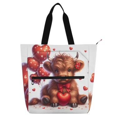 Imagem de GAIGEO Highland Cow Valentine linda sacola para crianças e mulheres amantes de livros, escola, trabalho, estampa floral, bolsa com zíper