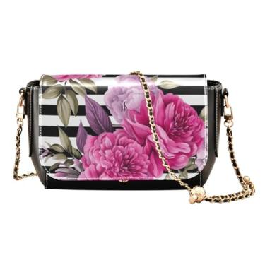 Imagem de Bolsa tiracolo feminina vintage de couro preto e rosa, presentes de couro para mulheres, bolsas de ombro femininas, Floral em listras pretas e brancas-2, One Size