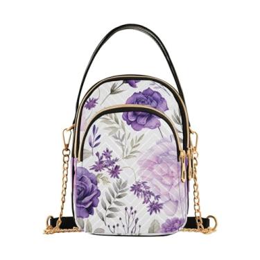 Imagem de Cão Pug gráfico em desenho animado pequeno transversal com corrente dourada, bolsas transversais femininas, bolsa tiracolo de ombro para mulheres, Aquarela roxa floral - 1, One Size