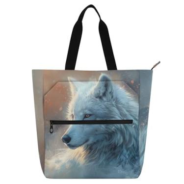 Imagem de GAIGEO Bolsa feminina com estampa de lobo, bolsa de trabalho de lona, praia, livro, bolsa com zíper, bolsa média com compartimentos