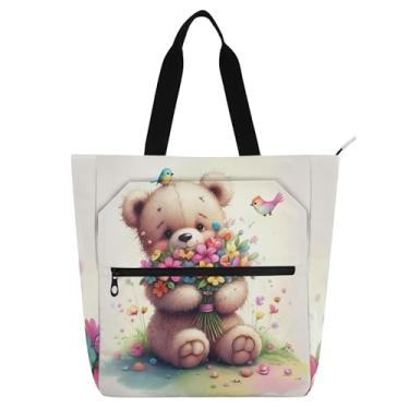 Imagem de GAIGEO Urso fofo vibrante floral pássaro trabalho bolsas para mulheres bolsas de lona bolsas universitárias escola crianças bonito bolsa de mão com compartimentos